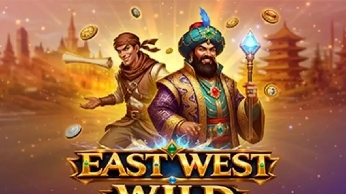 หน้าจอเกมสล็อต East West Wild ที่แสดงสัญลักษณ์ทองคำและกราฟิกธีมเส้นทางสายไหม
