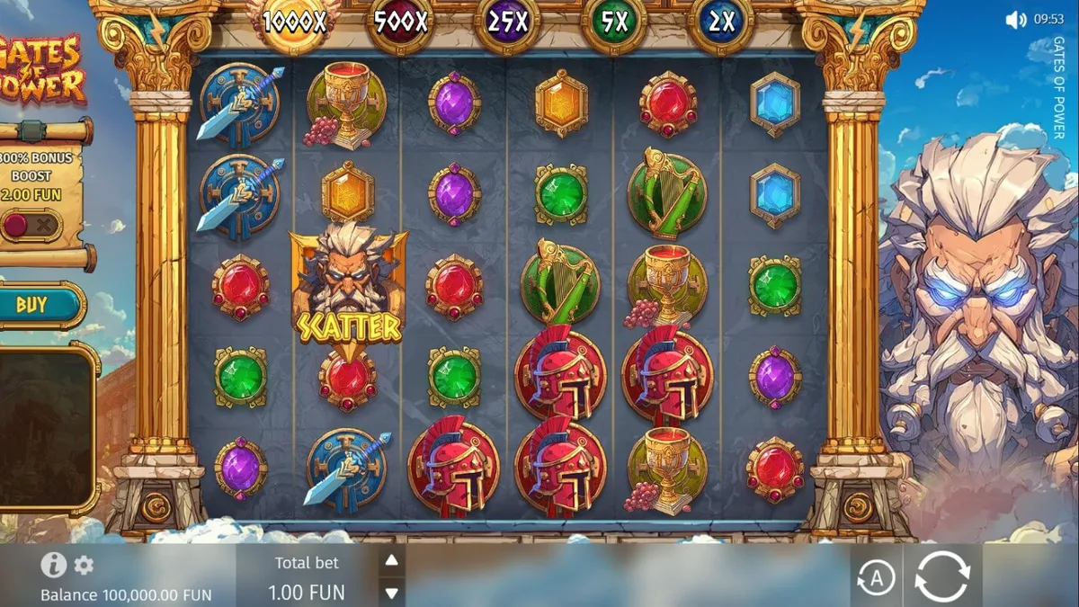 หน้าจอเกมสล็อต Gates of Power แสดงเทพเจ้าซุสและวงล้อ 6x5