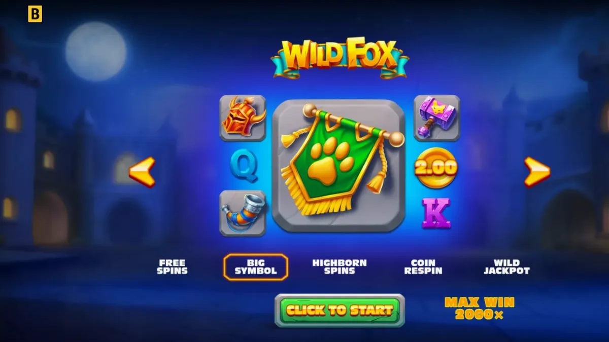 ตัวละครจิ้งจอกอัศวินในเกมสล็อต Wild Fox บนพื้นหลังปราสาทที่สดใส