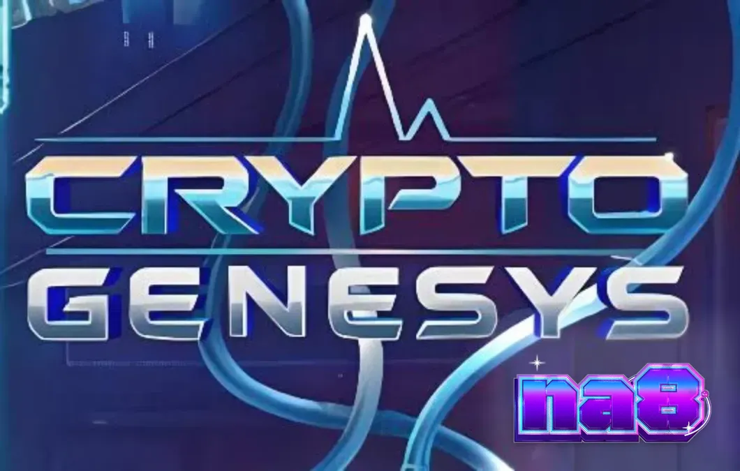 หน้าจอเกมสล็อต Crypto Genesys ที่แสดงธีมไซเบอร์พังค์และสัญลักษณ์คริปโต